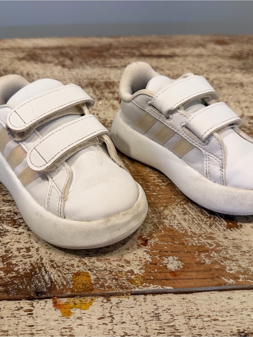 adidas Kids White Velcro Sneakers with Beige Stripes